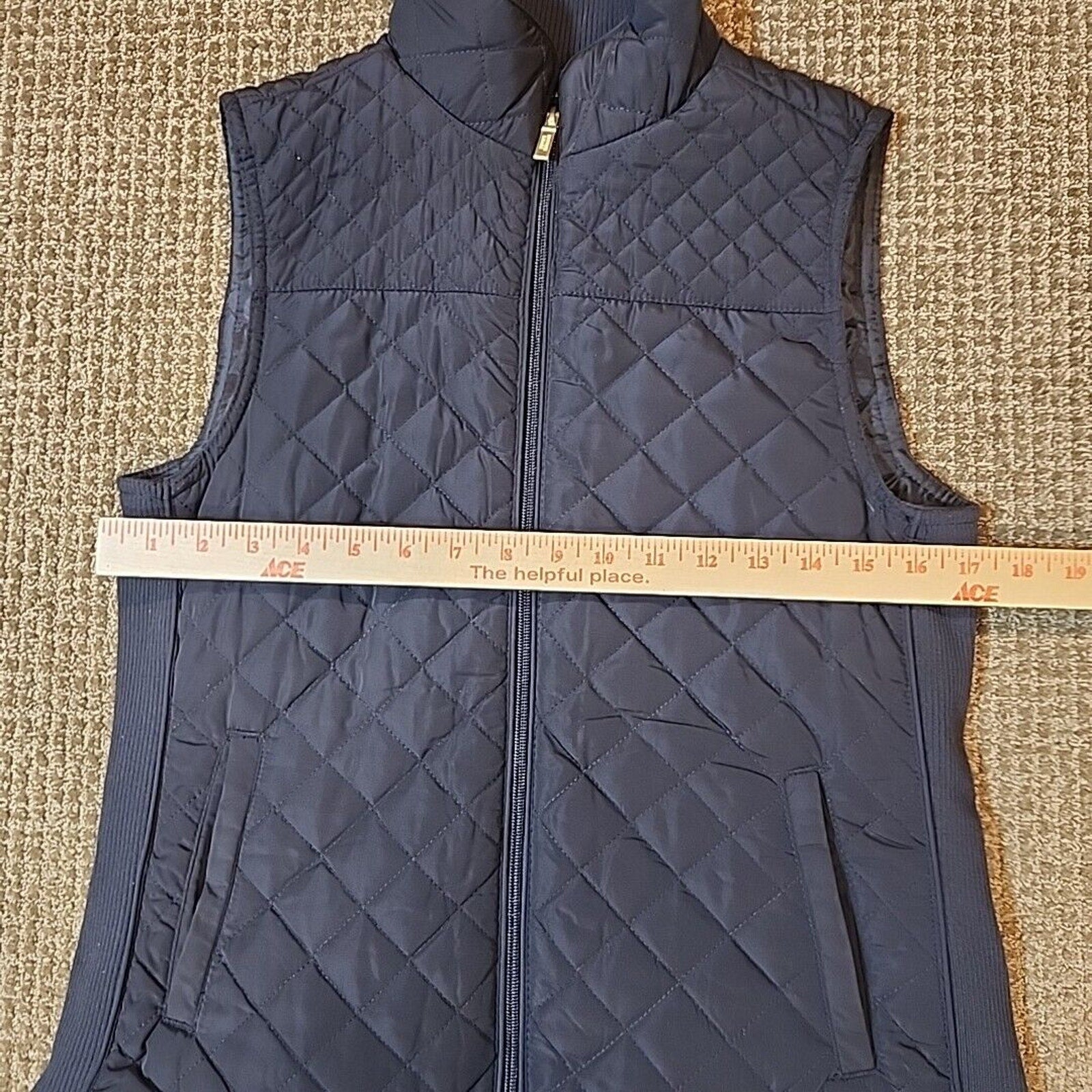 British Khaki Womens Quilted Vest Full Zip Small Blue Knit Insets Lined Pockets