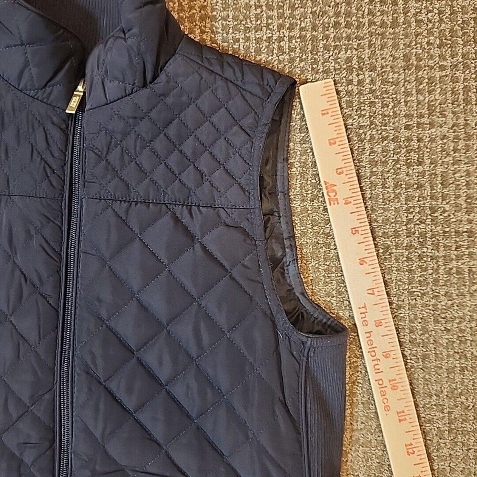 British Khaki Womens Quilted Vest Full Zip Small Blue Knit Insets Lined Pockets