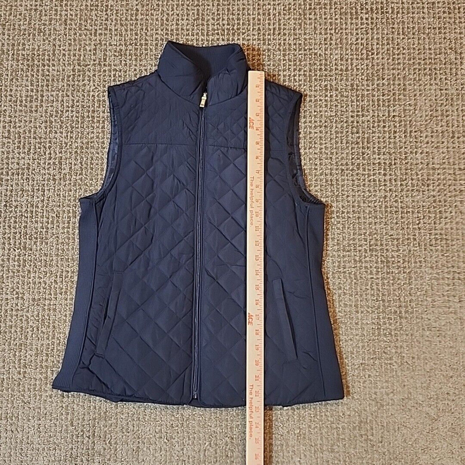 British Khaki Womens Quilted Vest Full Zip Small Blue Knit Insets Lined Pockets
