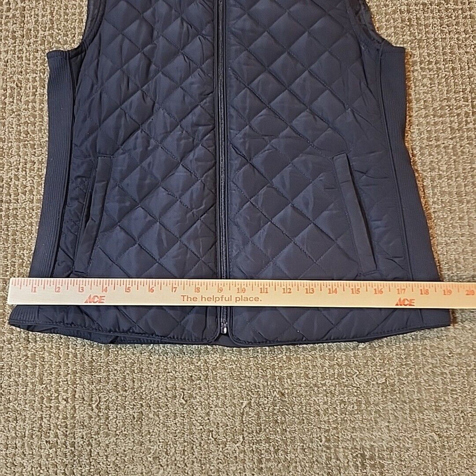 British Khaki Womens Quilted Vest Full Zip Small Blue Knit Insets Lined Pockets